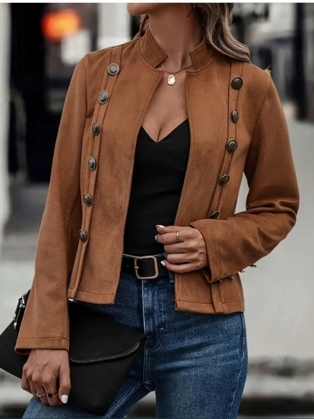 Decorative Button Open Front Long Sleeve Jacket – Elegant & Versatile Outerwear