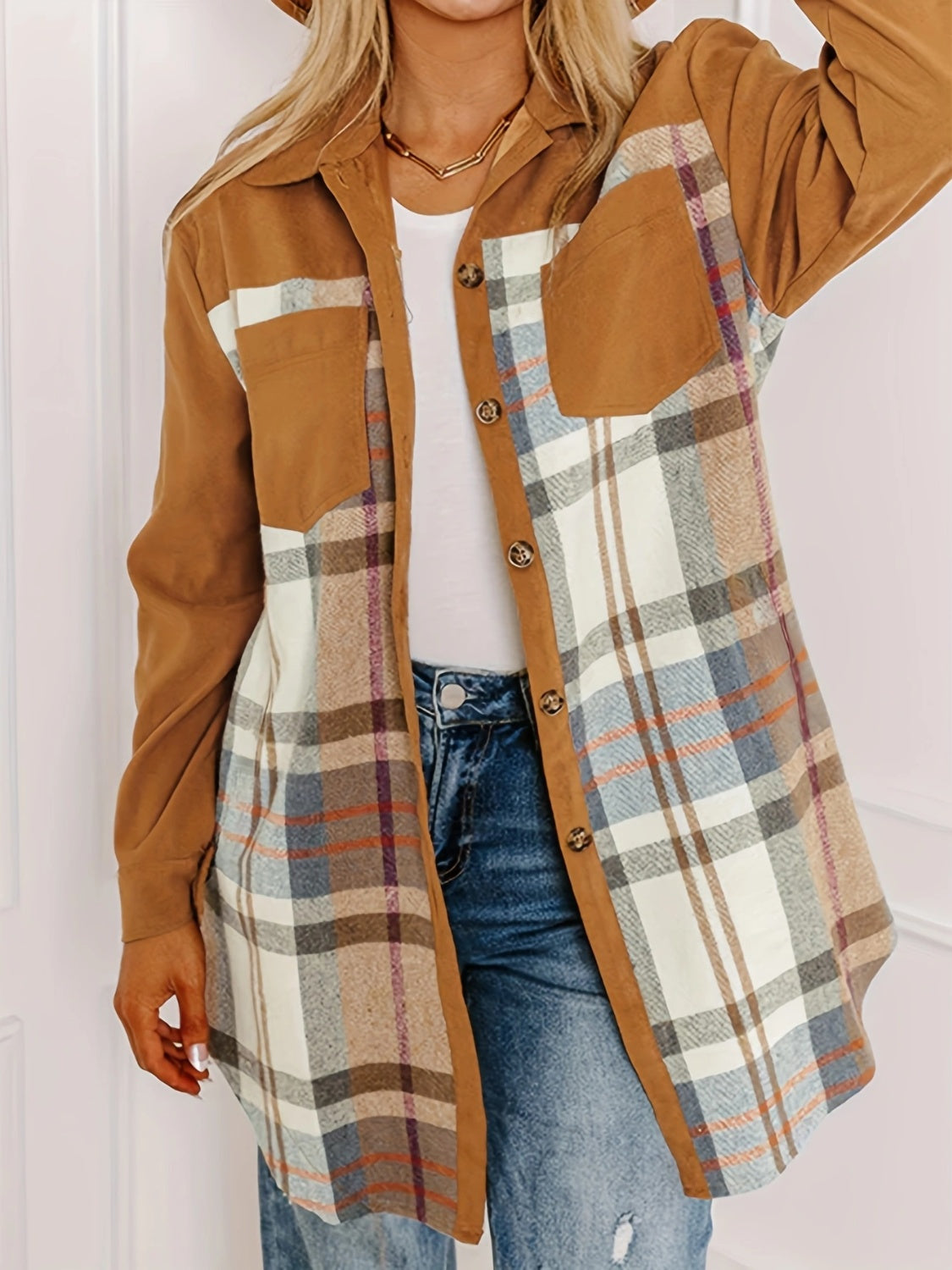 Plaid Collared Neck Long Sleeve Jacket – Stylish Layering Essential