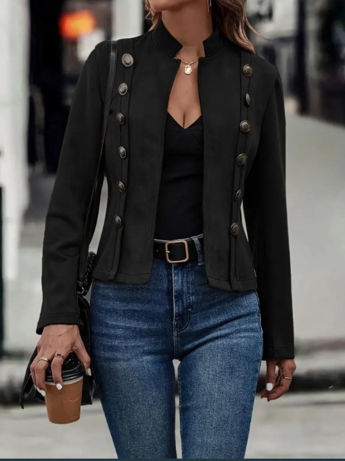 Decorative Button Open Front Long Sleeve Jacket – Elegant & Versatile Outerwear