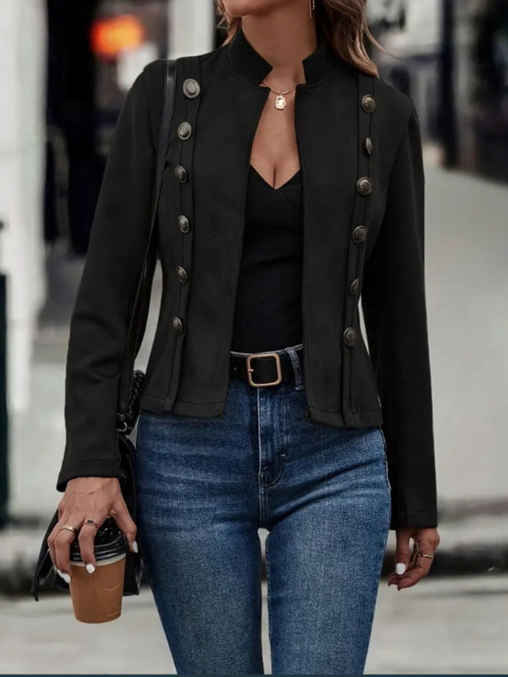 Decorative Button Open Front Long Sleeve Jacket – Elegant & Versatile Outerwear