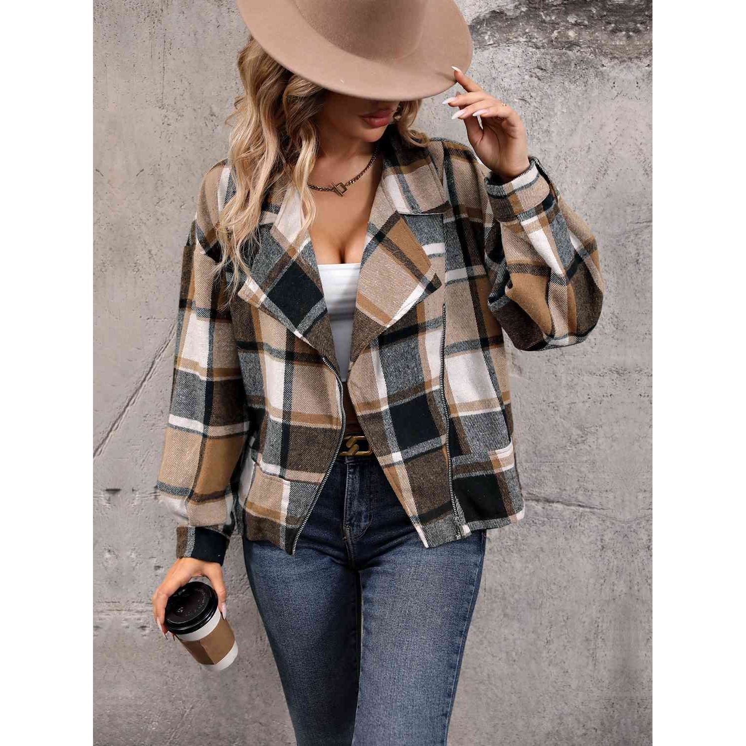 Plaid Collared Neck Long Sleeve Jacket