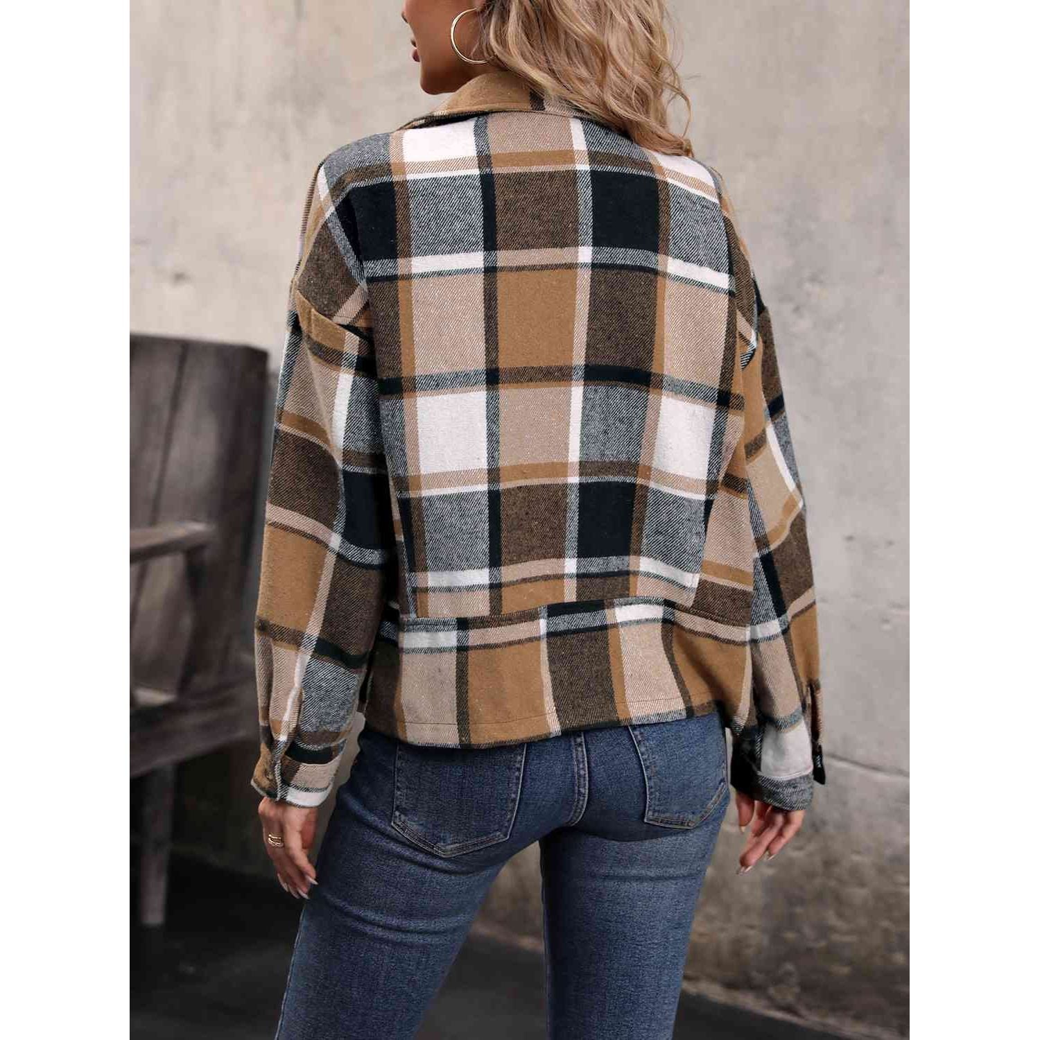 Plaid Collared Neck Long Sleeve Jacket