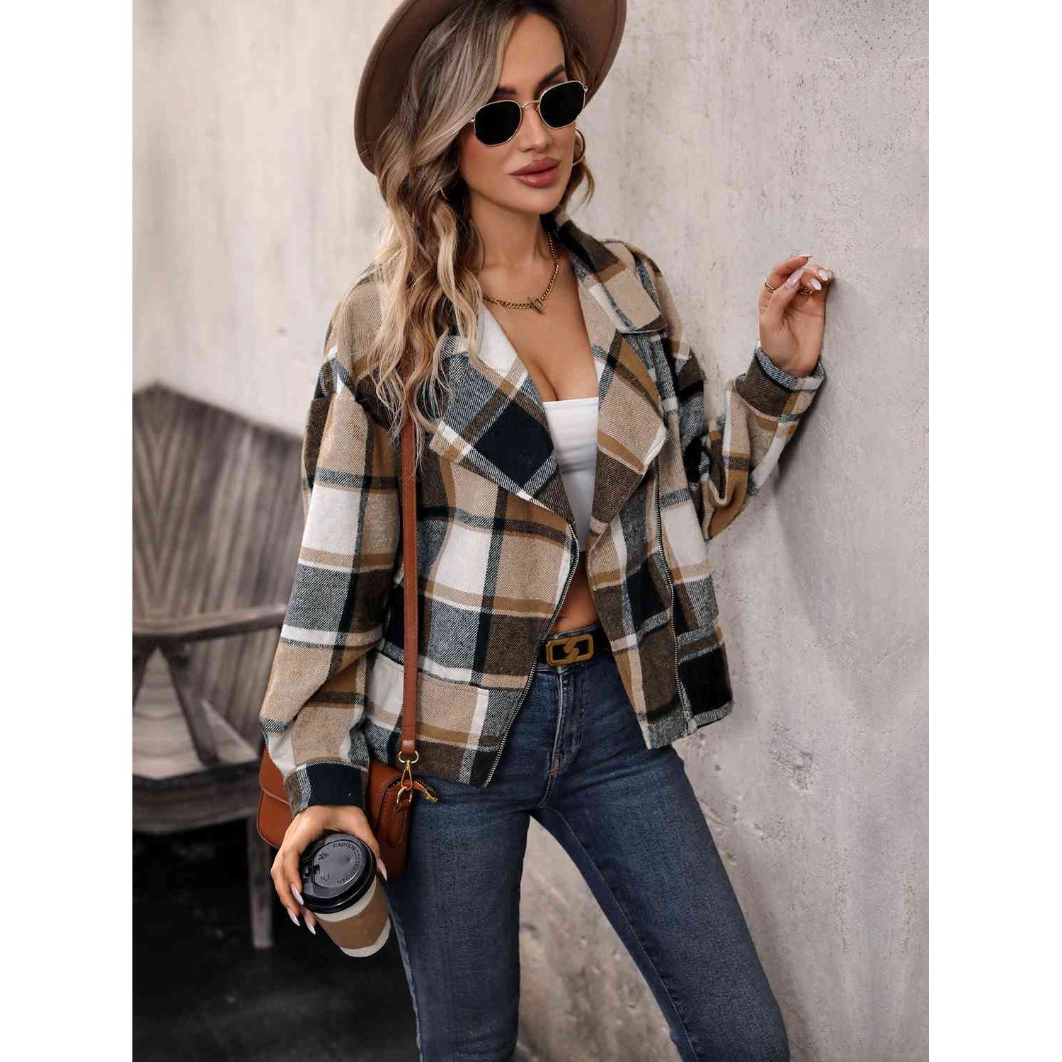 Plaid Collared Neck Long Sleeve Jacket