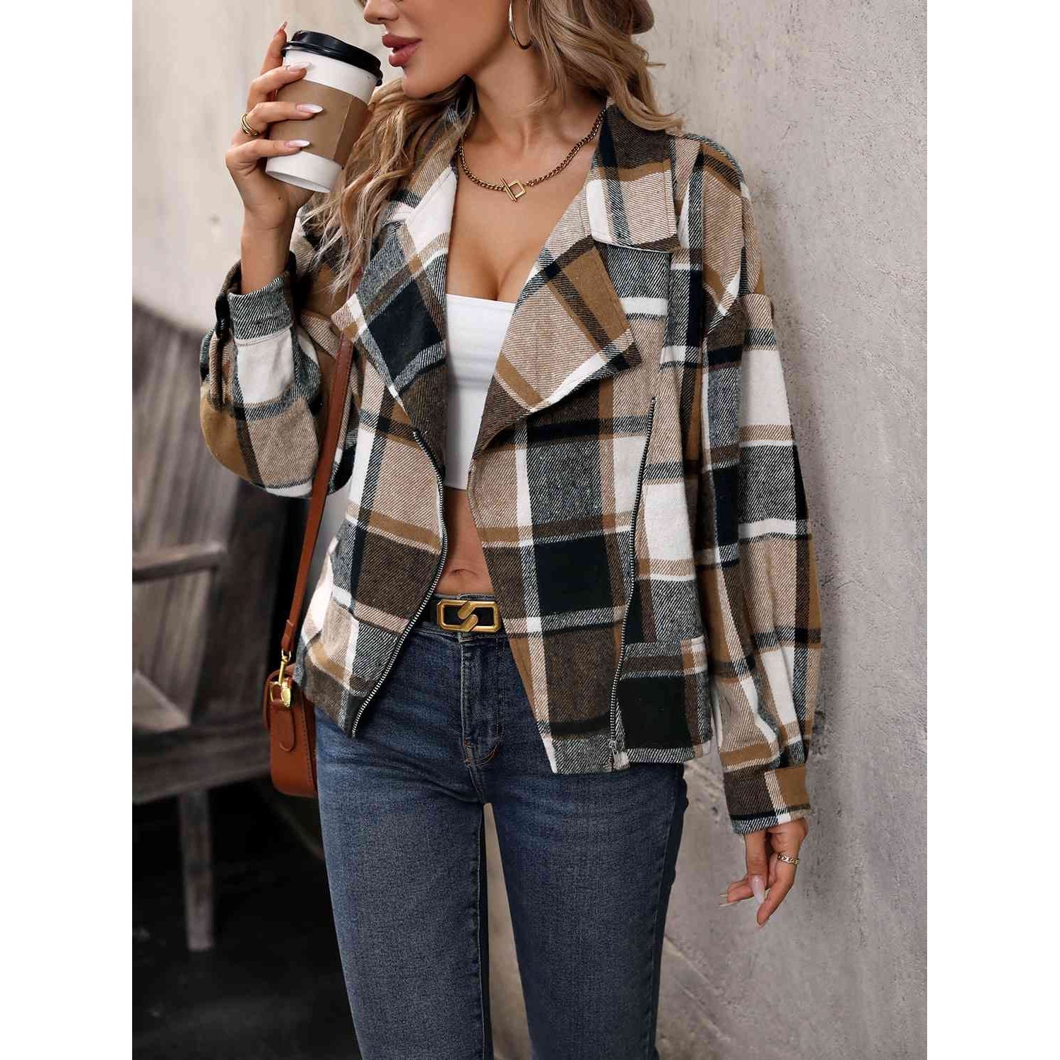 Plaid Collared Neck Long Sleeve Jacket