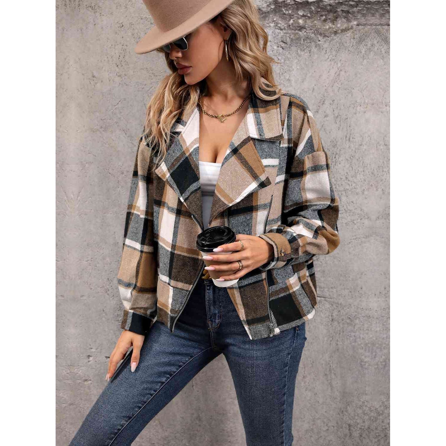 Plaid Collared Neck Long Sleeve Jacket