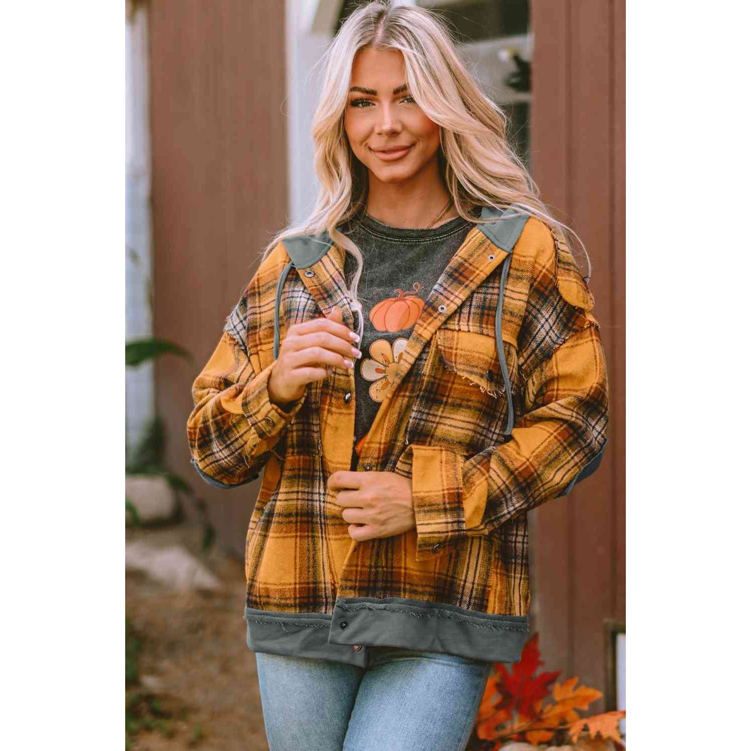 Plaid Hooded Button Front Jacket